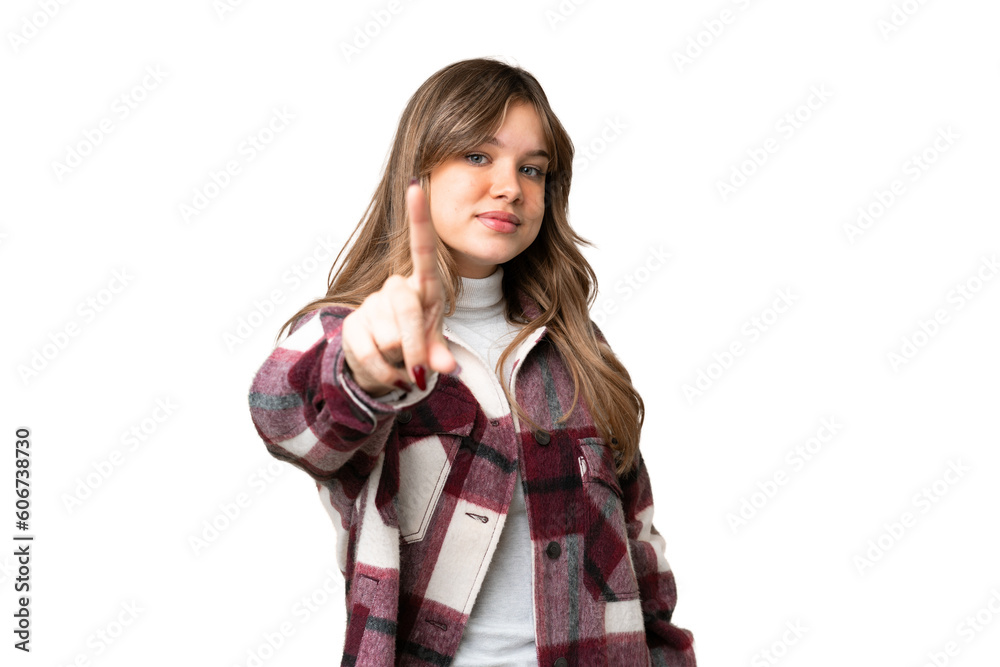 Young girl over isolated chroma key background showing and lifting a finger Young girl over isolated chroma key background showing and lifting a finger