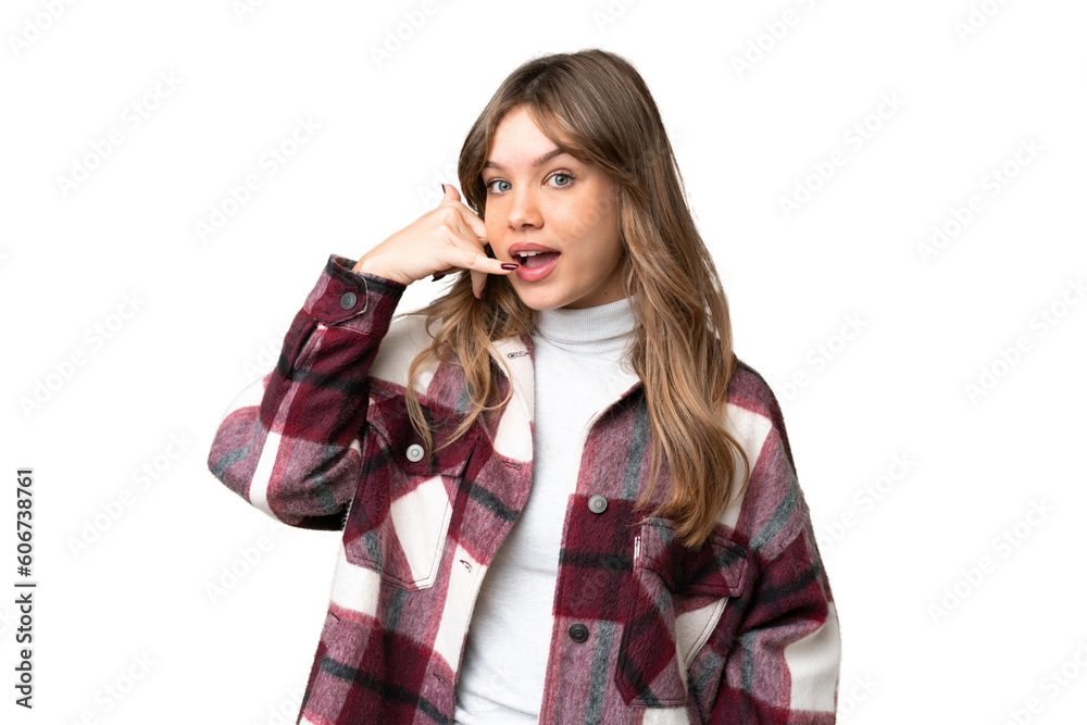 Young girl over isolated chroma key background making phone gesture. Call me back sign Young girl over isolated chroma key background making phone gesture. Call me back sign