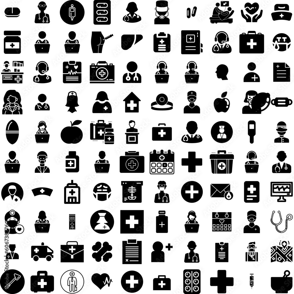 Collection Of 100 Doctor Icons Set Isolated Solid Silhouette Icons ...