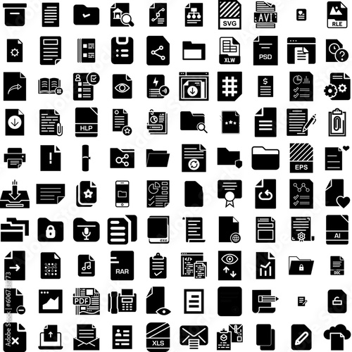 Collection Of 100 Document Icons Set Isolated Solid Silhouette Icons Including Document, Folder, Management, Office, Business, File, Information Infographic Elements Vector Illustration Logo