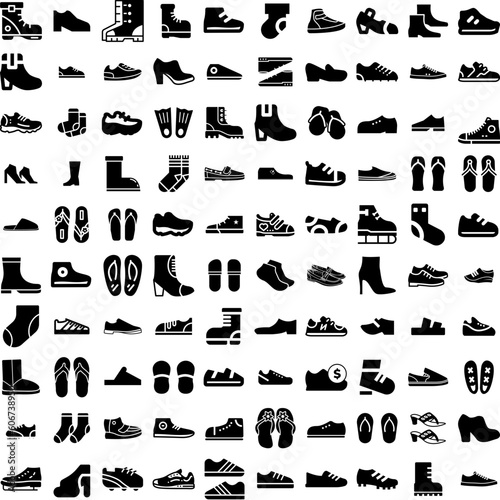 Collection Of 100 Footwear Icons Set Isolated Solid Silhouette Icons Including Casual, Foot, Footwear, Female, Shoes, Shoe, Fashion Infographic Elements Vector Illustration Logo