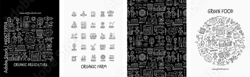Organic Farm Background For your Design. Harvest Festival. Agriculture collection. Organic farming eco concept. Fresh products, locally grown and organic food. Farmer's Market. Set of 4 concept art
