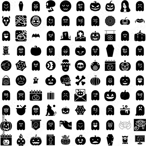 Collection Of 100 Halloween Icons Set Isolated Solid Silhouette Icons Including Pumpkin, Halloween, Horror, Spooky, Holiday, Background, Vector Infographic Elements Vector Illustration Logo