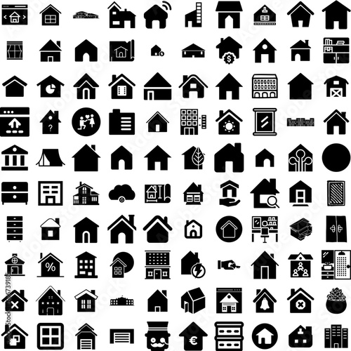 Collection Of 100 House Icons Set Isolated Solid Silhouette Icons Including Architecture, Estate, Property, Building, Home, House, Residential Infographic Elements Vector Illustration Logo