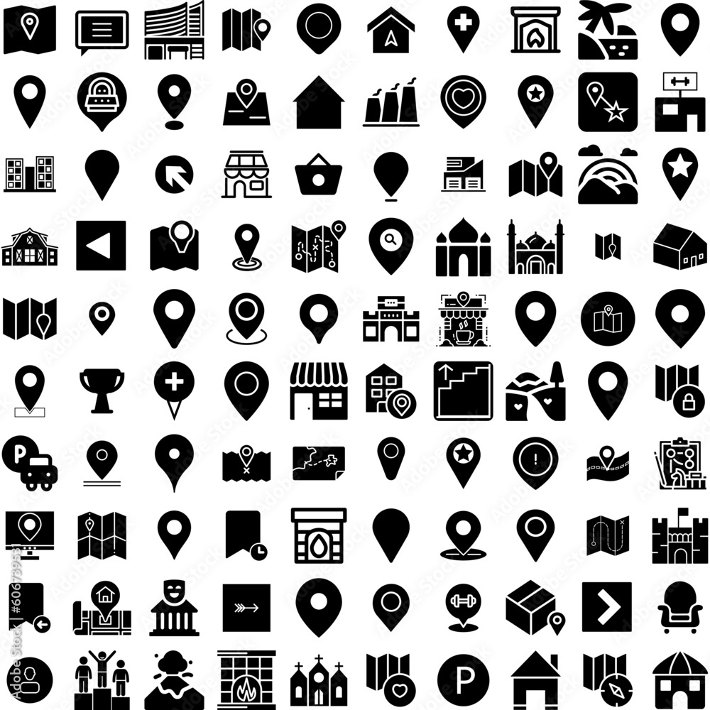 Collection Of 100 Place Icons Set Isolated Solid Silhouette Icons ...