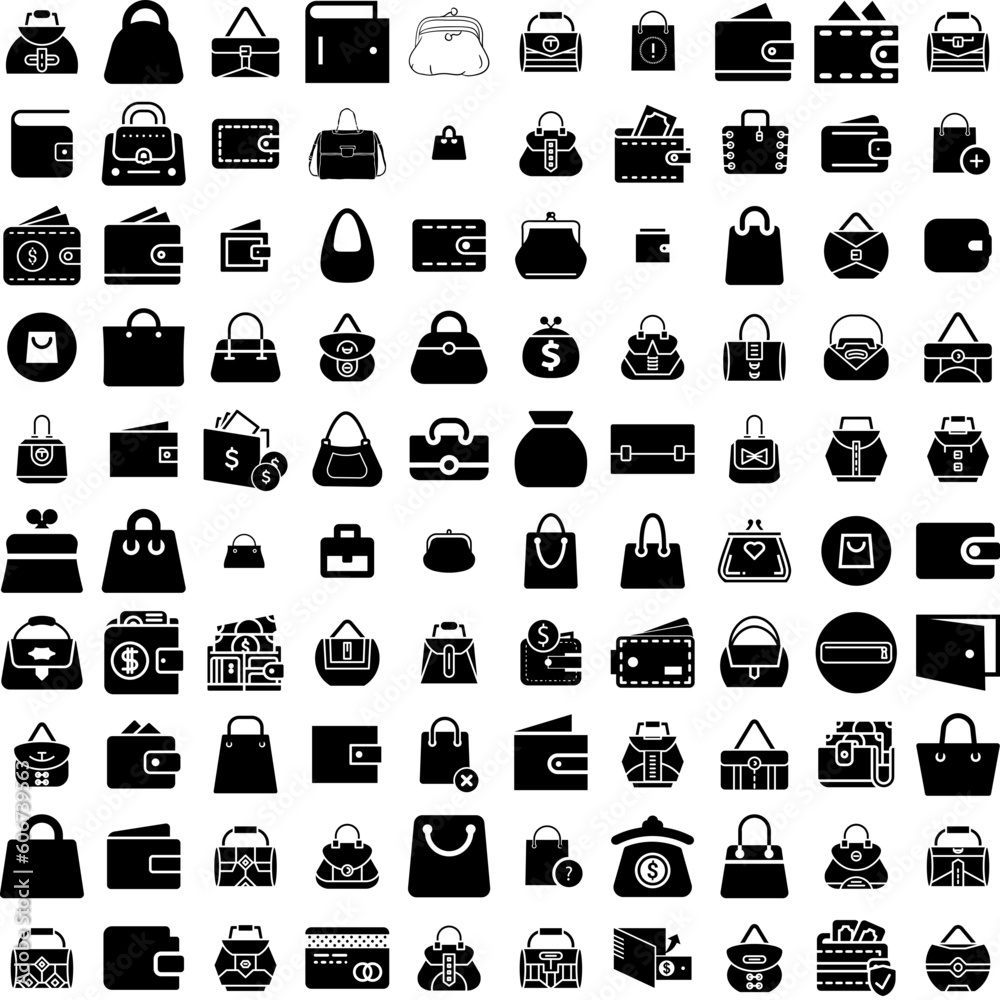 Collection Of 100 Purse Icons Set Isolated Solid Silhouette Icons Including Background, Purse, Female, Handbag, Fashion, Bag, Woman Infographic Elements Vector Illustration Logo