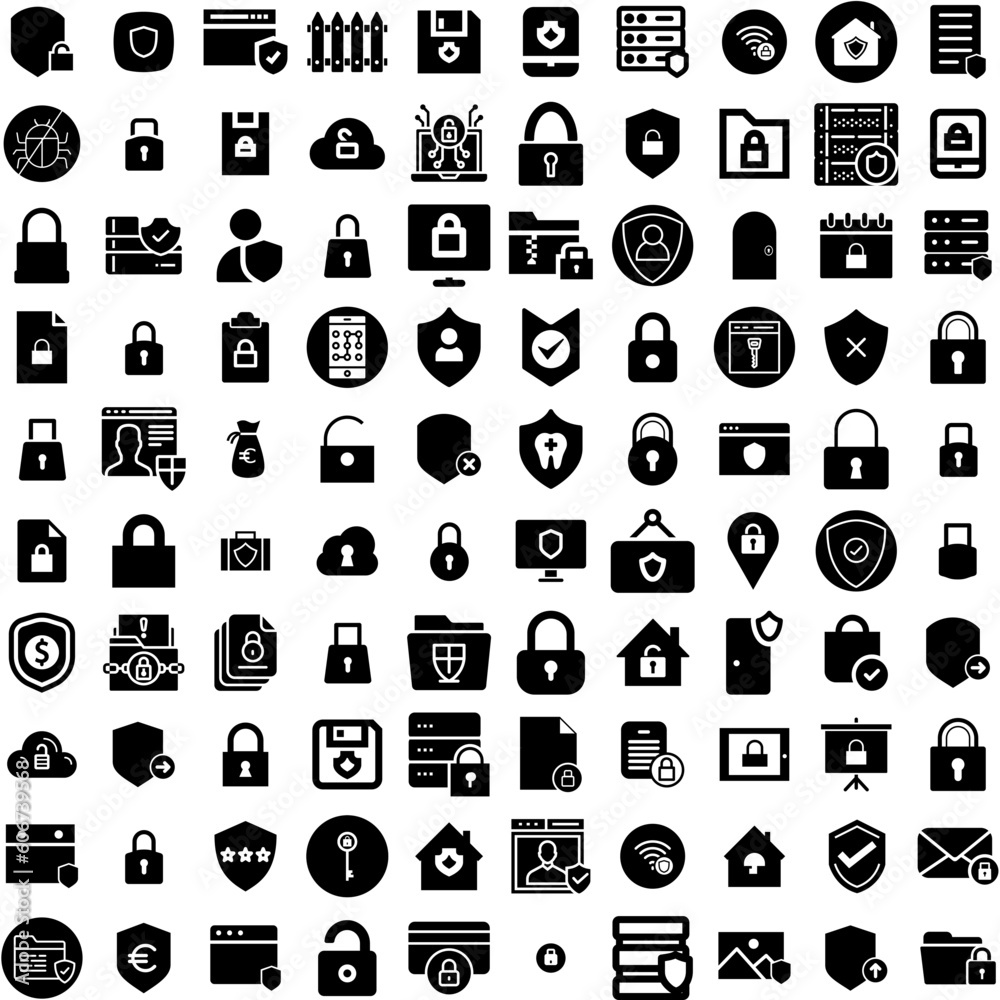 Collection Of 100 Protected Icons Set Isolated Solid Silhouette Icons Including Technology, Secure, Protect, Safety, Protection, Shield, Concept Infographic Elements Vector Illustration Logo