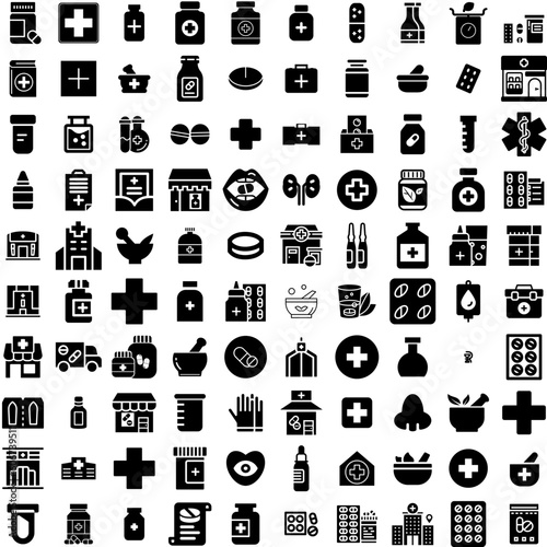 Collection Of 100 Pharmacy Icons Set Isolated Solid Silhouette Icons Including Pharmacy, Medical, Medication, Health, Medicine, Drugstore, Pharmacist Infographic Elements Vector Illustration Logo