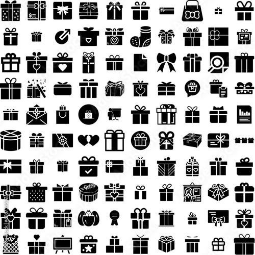 Collection Of 100 Present Icons Set Isolated Solid Silhouette Icons Including Package, Present, Holiday, Box, Ribbon, Surprise, Gift Infographic Elements Vector Illustration Logo