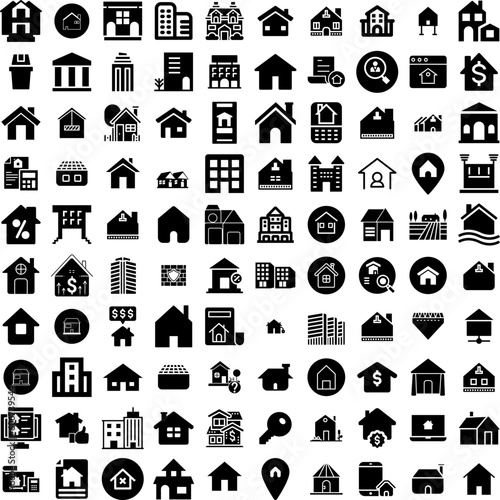 Collection Of 100 Property Icons Set Isolated Solid Silhouette Icons Including Concept, House, Business, Property, Estate, Mortgage, Home Infographic Elements Vector Illustration Logo