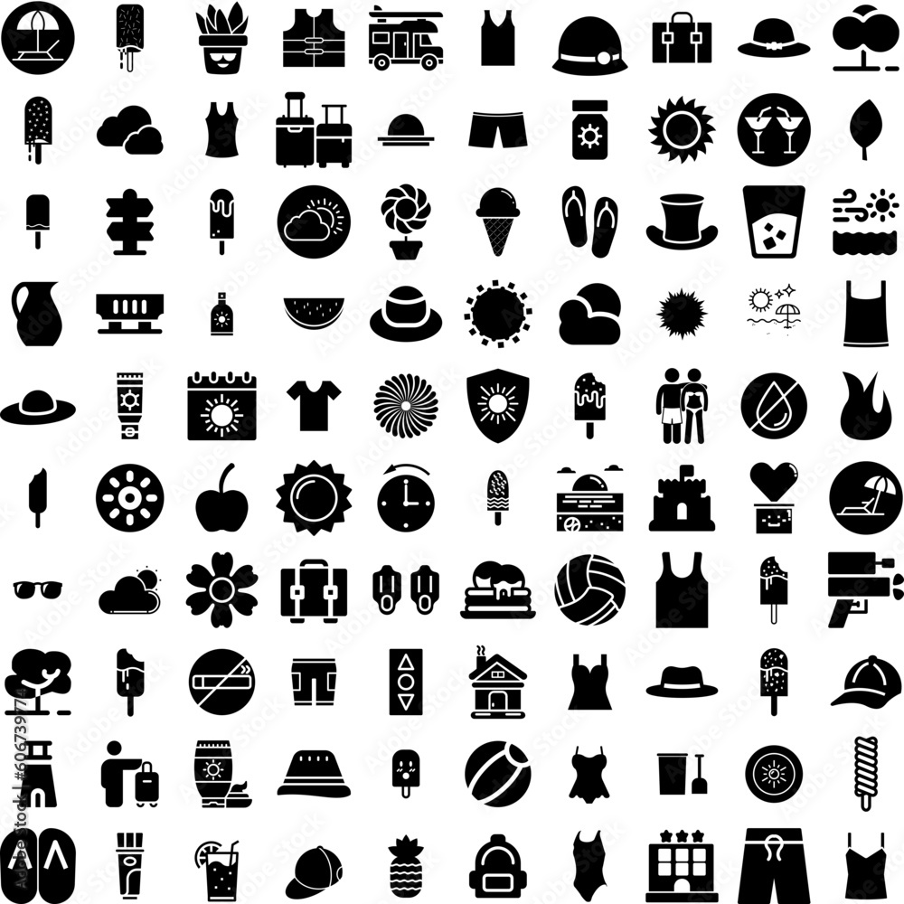 Collection Of 100 Summer Icons Set Isolated Solid Silhouette Icons Including Vector, Background, Vacation, Holiday, Summer, Tropical, Beach Infographic Elements Vector Illustration Logo