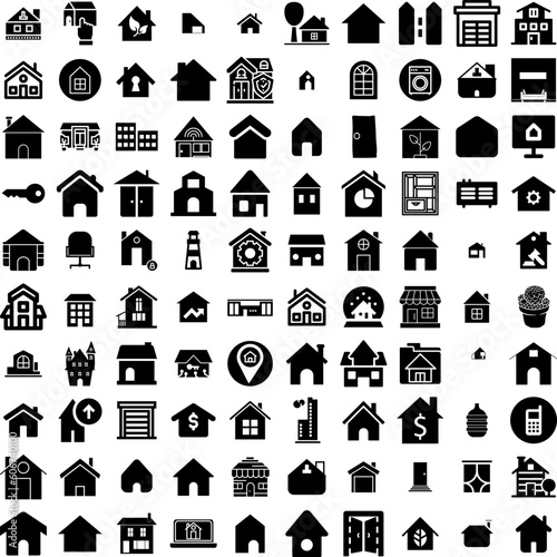 Collection Of 100 House Icons Set Isolated Solid Silhouette Icons Including Building, Estate, Home, House, Residential, Architecture, Property Infographic Elements Vector Illustration Logo