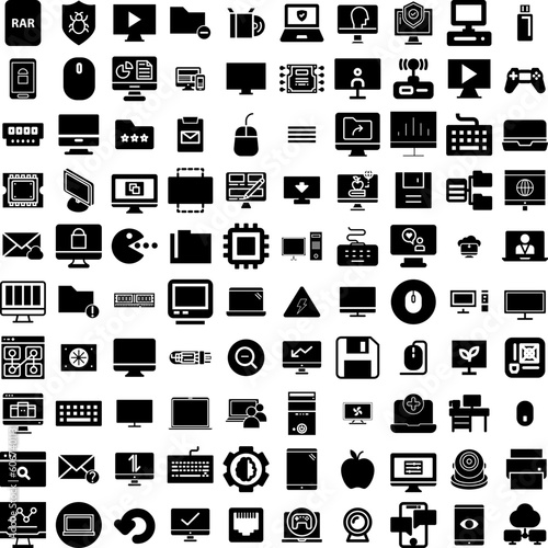 Collection Of 100 Computer Icons Set Isolated Solid Silhouette Icons Including Laptop, Display, Business, Modern, Technology, Computer, Screen Infographic Elements Vector Illustration Logo