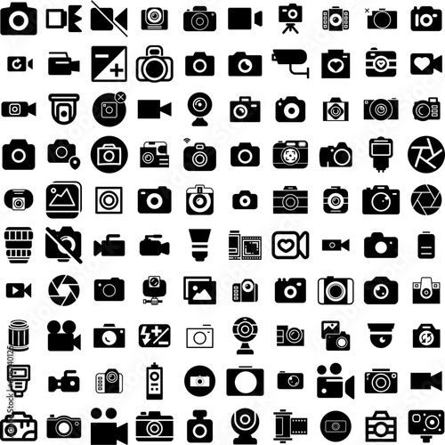Collection Of 100 Camera Icons Set Isolated Solid Silhouette Icons Including Digital, Lens, Photography, Photo, Illustration, Equipment, Camera Infographic Elements Vector Illustration Logo