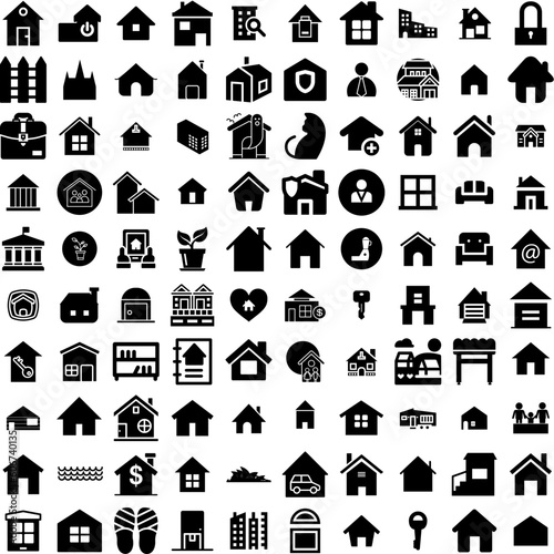 Collection Of 100 House Icons Set Isolated Solid Silhouette Icons Including House, Property, Architecture, Home, Estate, Residential, Building Infographic Elements Vector Illustration Logo