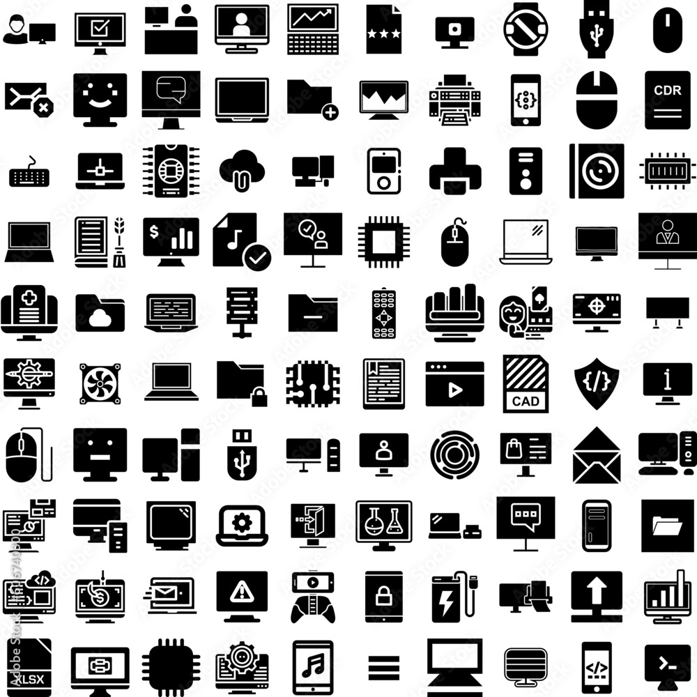 Collection Of 100 Computer Icons Set Isolated Solid Silhouette Icons Including Modern, Display, Laptop, Computer, Screen, Business, Technology Infographic Elements Vector Illustration Logo
