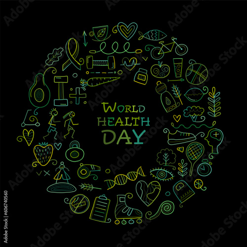 World health day. Concept art with healty lifestyle desing elements, icons set. Black background. Vector illustration