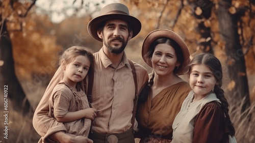 Canvastavla Happy Family group, vintage image of travelling settlers
