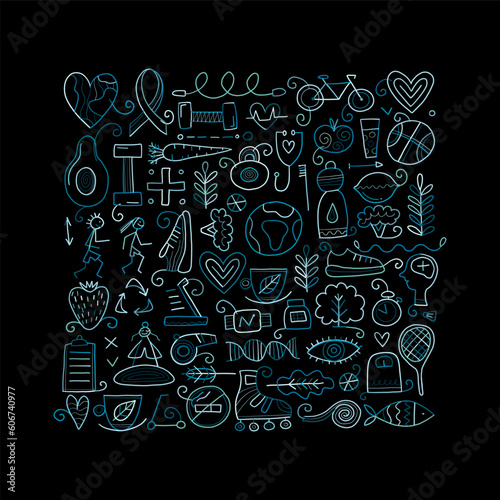 World health day. Concept art with healty lifestyle desing elements, icons set. Square background. Vector illustration