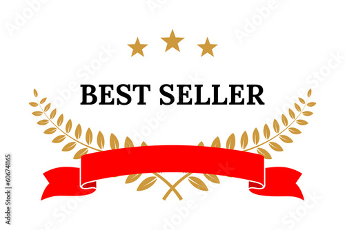 Best seller golden laurel wreath with star, red ribbon and black text. Vector quality badge, emblem, reward or certified product. Winner trophy isolated on white background