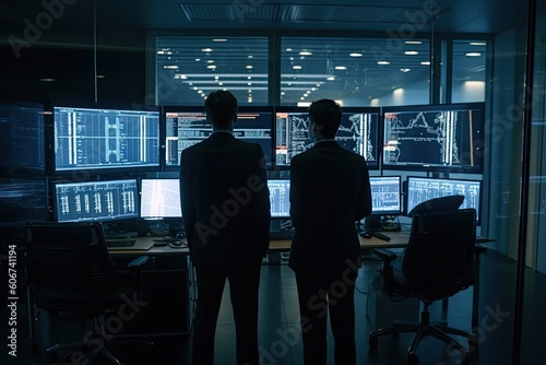 back view of two businessmen working together in the office Discuss and monitor global currency indices in exchange-traded funds. 