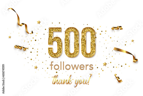 Half thousand followers celebration horizontal vector banner. Social media achievement poster. 500 followers thank you lettering. Golden sparkling confetti ribbons. Shiny gratitude text on white