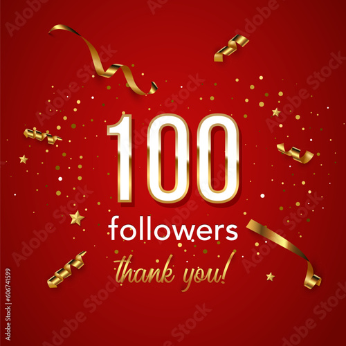 100 followers celebration square vector banner. Social media achievement poster. 100 followers thank you lettering. Golden sparkling confetti ribbons. Shiny gratitude text on red backdrop