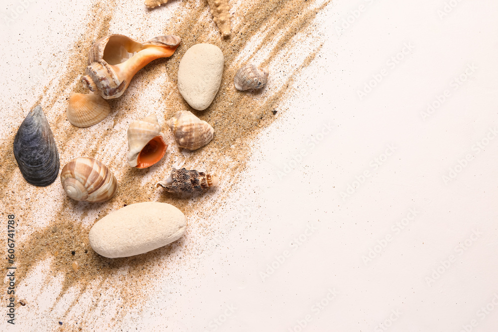 Seashells with sand on white background