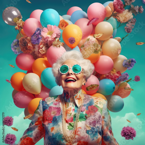 Portrait of senior woman wearing sunglasses and colorful balloons in the background, digital collage style. Generative AI art