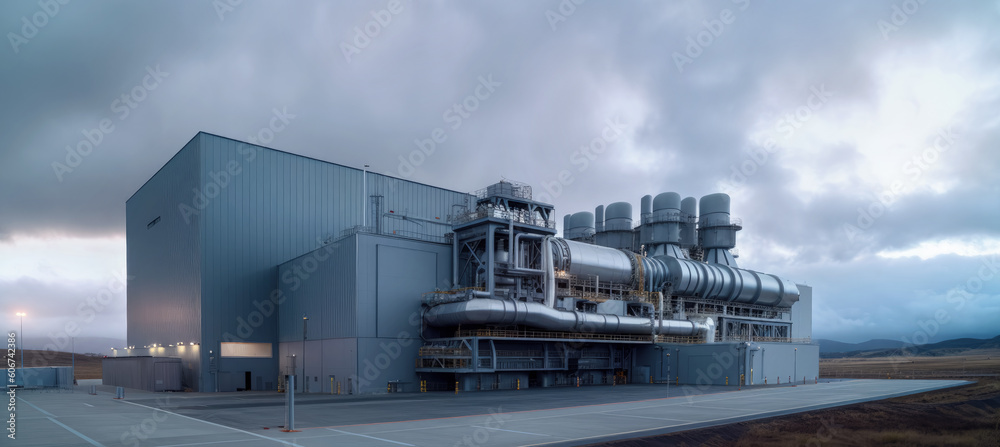 Natural gas powered turbine power plant. Wide angle photo of whole factory. Generative AI Natural gas powered turbine power plant. Wide angle photo of whole factory. Generative AI