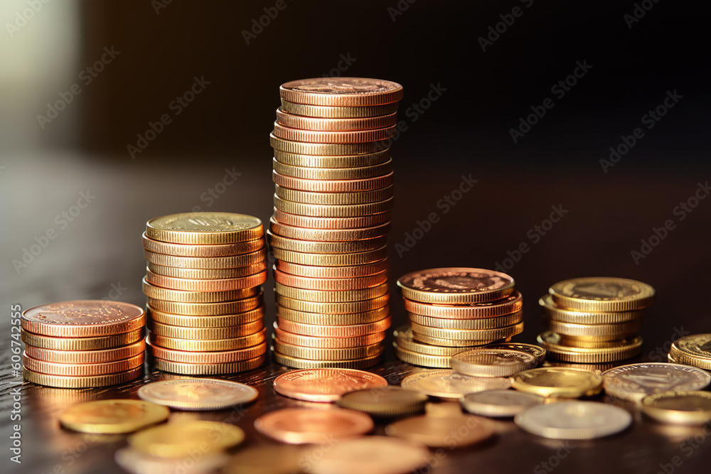 Stacks of coins - financial growth concept, closeup detail. Generative AI Stacks of coins - financial growth concept, closeup detail. Generative AI