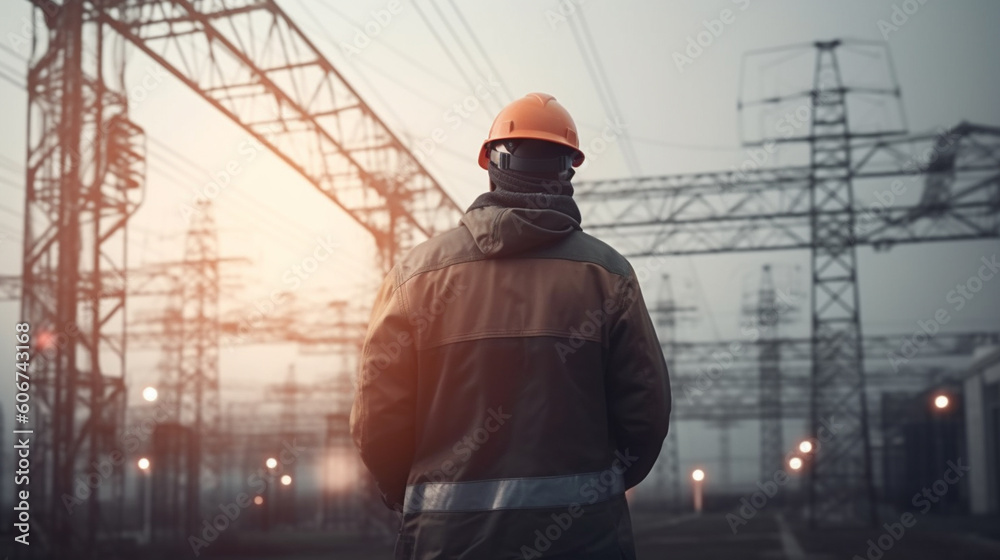 A man in a helmet at the electric towers. Generative AI A man in a helmet at the electric towers. Generative AI