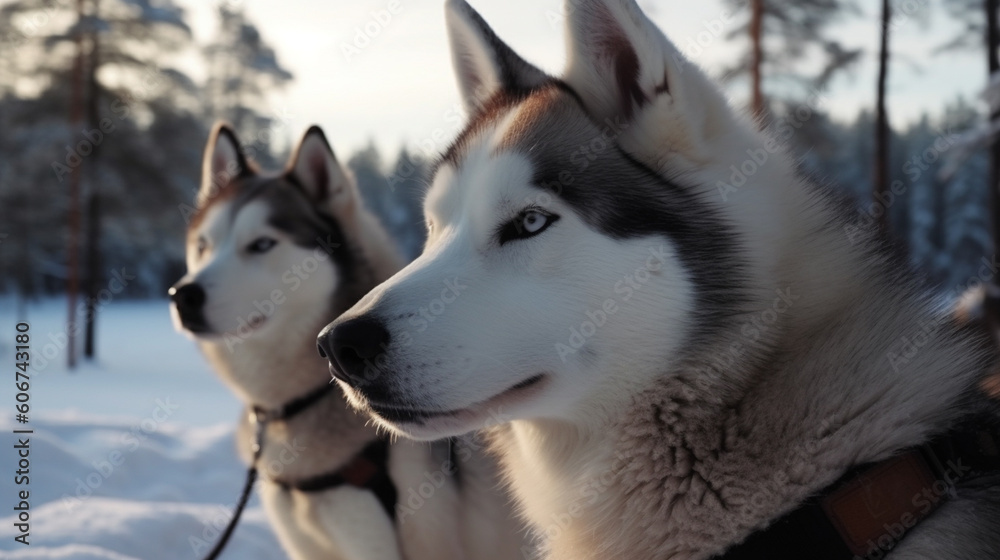 Husky in the winter forest. Generative AI Husky in the winter forest. Generative AI