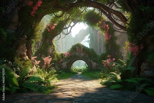 Unreal fantasy landscape with trees and flowers. Garden of Eden, exotic fairytale fantasy forest, Green oasis. Generative AI