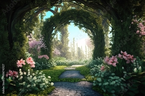 Unreal fantasy landscape with trees and flowers. Garden of Eden, exotic fairytale fantasy forest, Green oasis. Generative AI