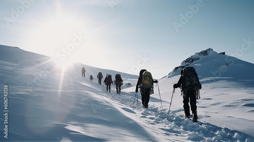 Climbers climb uphill through the snow. Generative AI © Daniel