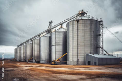 Large industrial grain silo on overcast day, agriculture concept. Generative AI