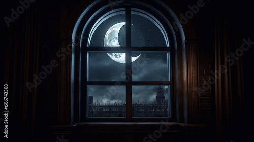 View of the moon through the window. Generative AI
