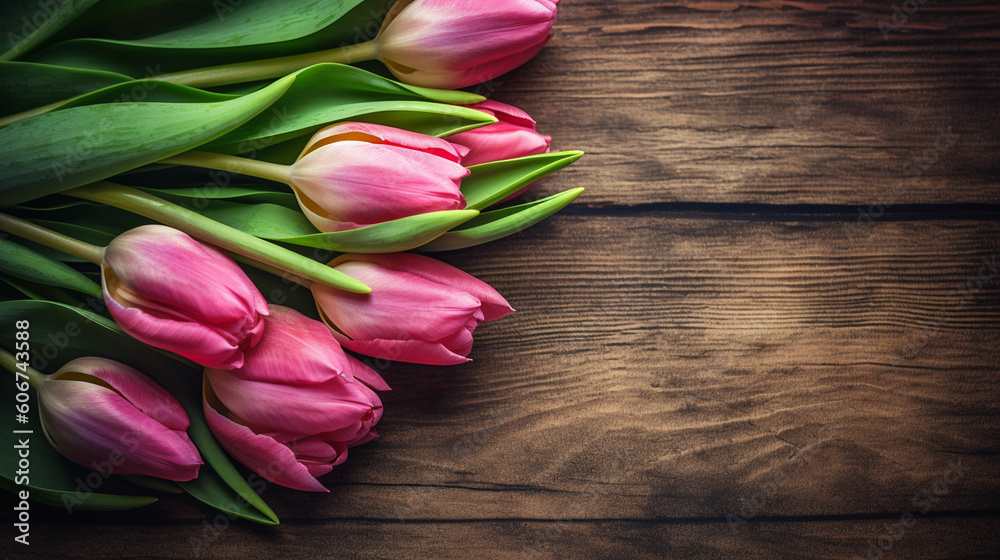 Tulips on wooden boards. Generative AI Tulips on wooden boards. Generative AI