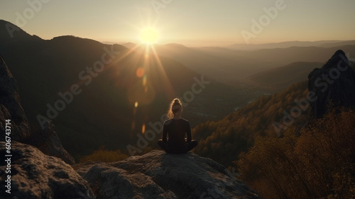 A woman meditates in the mountains sitting on a stone at sunset. Generative AI