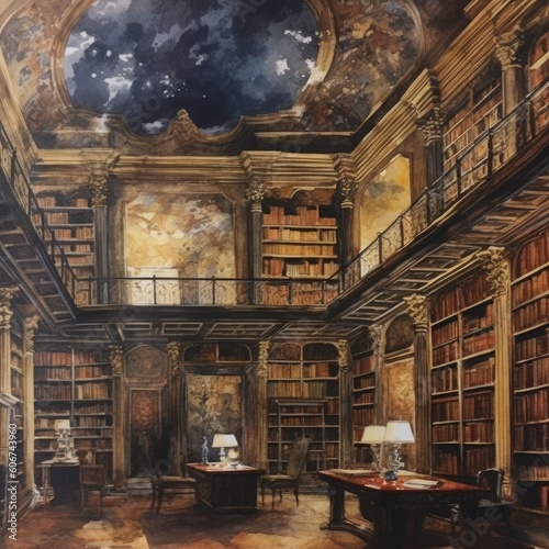 Watercolor library , in the style of otherworldly atmosphere, dark brown and gold Generative Ai
