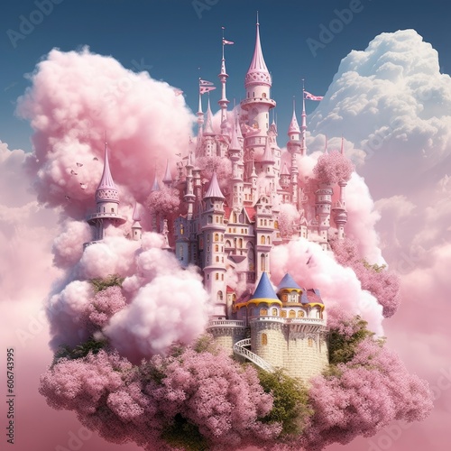 cloud castle made of pink clouds and stars Generative Ai