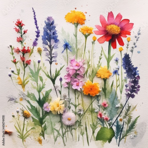 Watercolor illustration with different wild flowers. Meadow grass and flowers. Generative AI