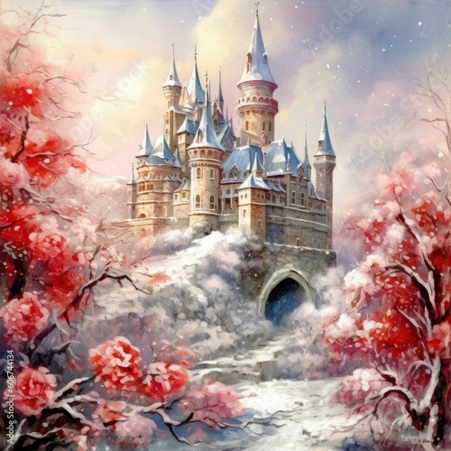 a watercolor castle, snow covered, with red roses in the background Generative Ai
