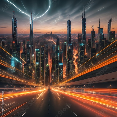 Nighttime cityscape with vibrant lights and architectural marvels. A long exposure creates captivating light trails  infusing energy  and dynamism