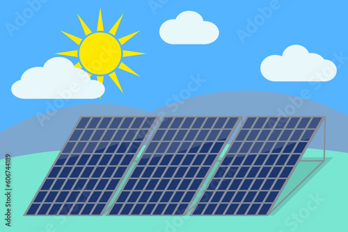 Solar panels with sun and clouds. Vector illustration in flat style.