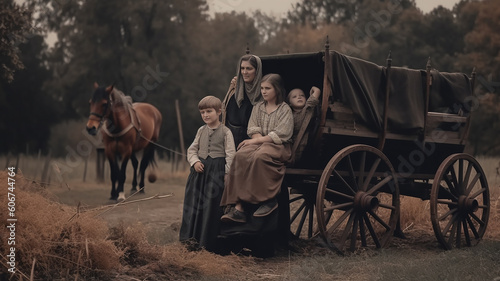 Photo horse and cart, vintage family settlers, travelling