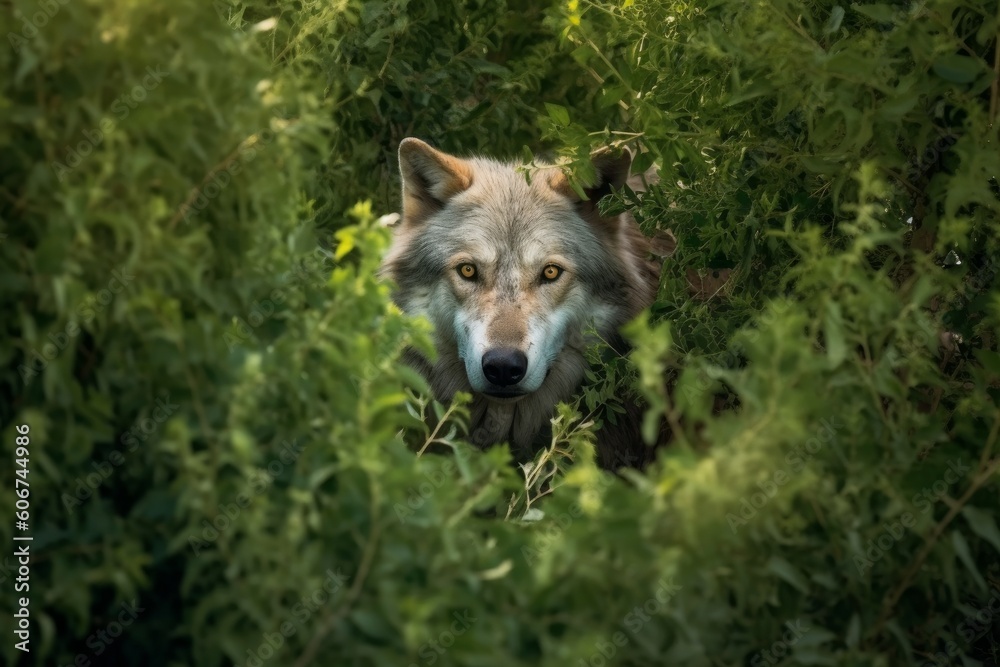 Fototapeta premium Wolf stalks hidden in the bushes