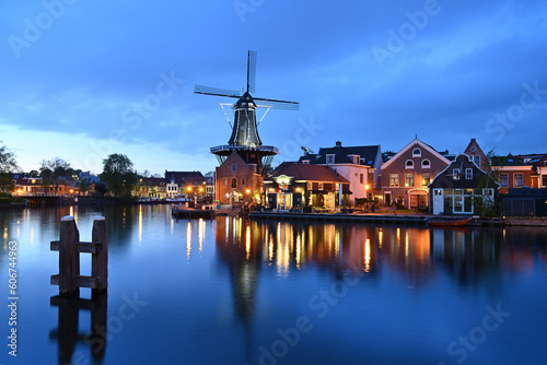 De Adriaan windmill in Haarlem at night.