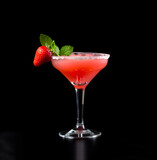 Frozen strawberry margarita cocktail in margarita glass on black background. AI generated
